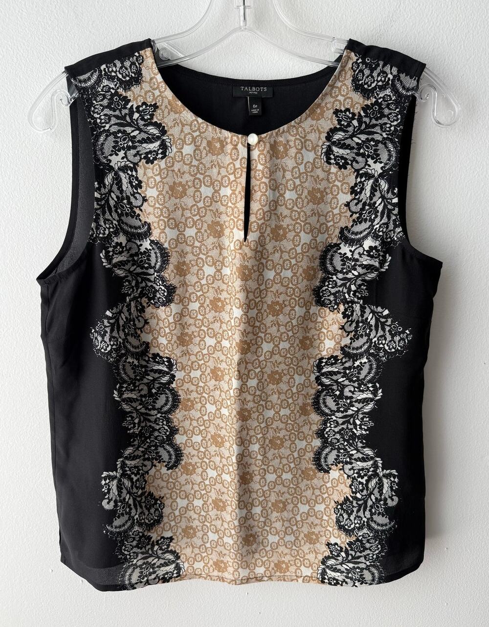 Talbots Silk Sleeveless Top Black Brown Lace Coquette Cottage Preppy Femme S/M